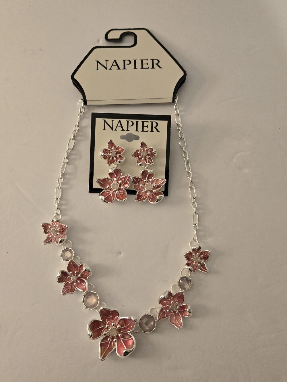 Napier New Silver Tone Pink Crystal Enamel Floral Necklace & Pierced Earrings